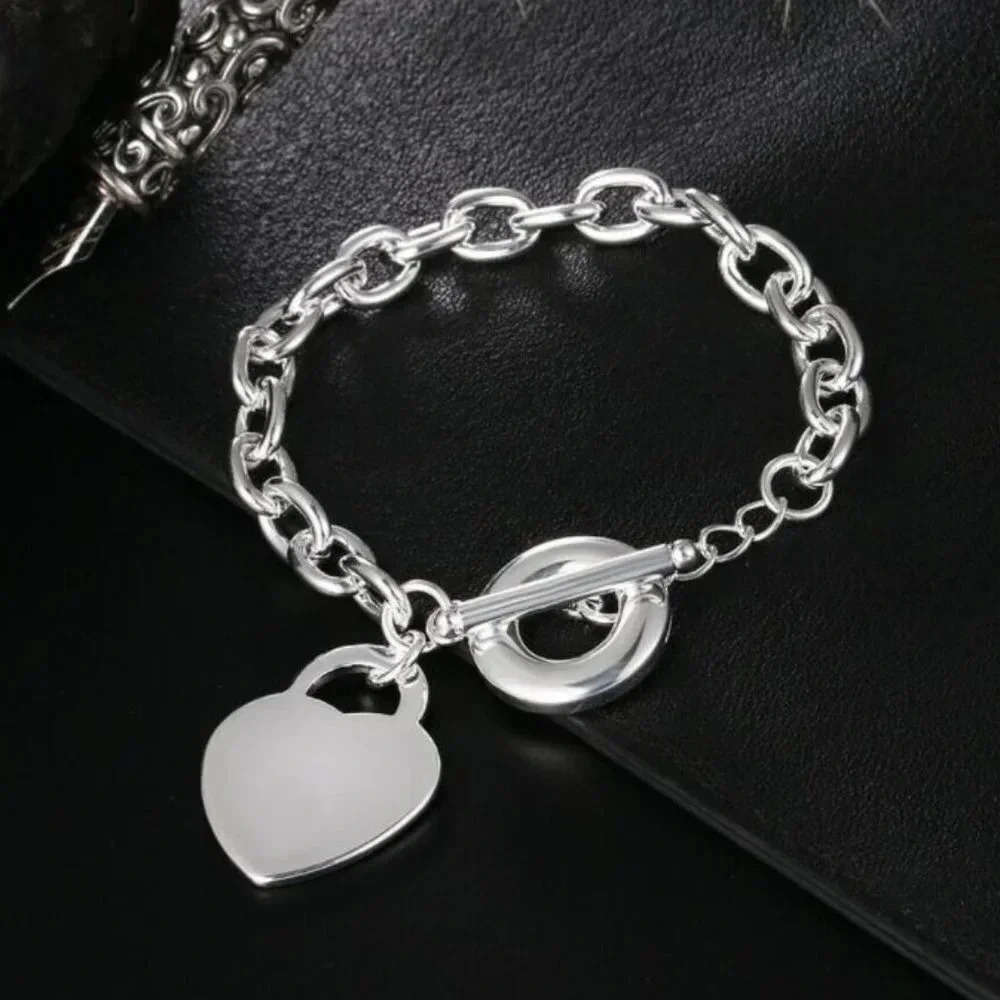925 Sterling Silver Heart Toggle Chain Bracelet